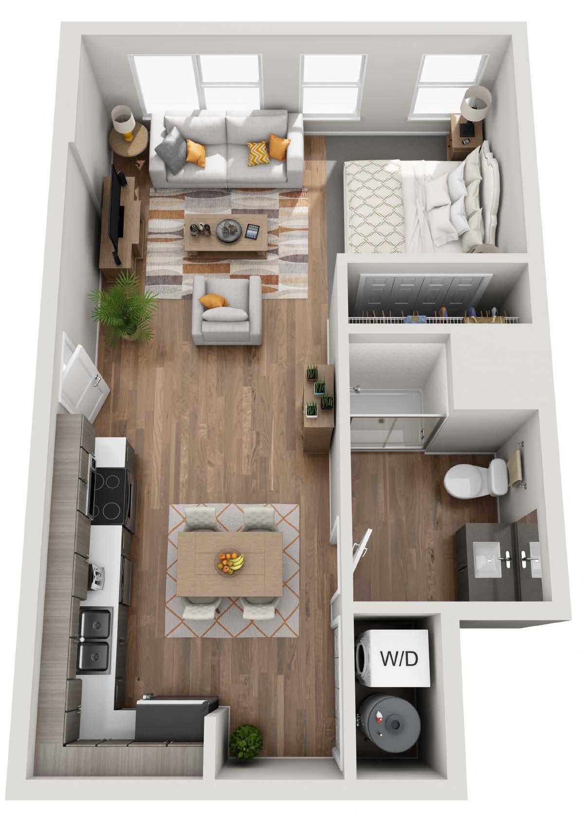 Floor plan for studio, 1 bath, 569 sqft
